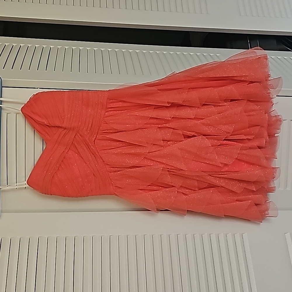 New glittery coral short ruffle strapless dress for Homecoming or Semiformal